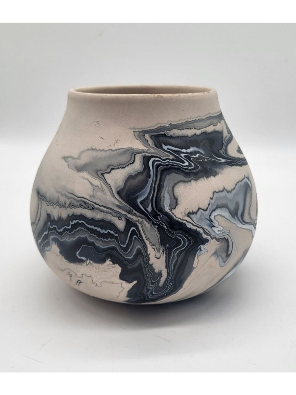 Vintage Nemadji Pottery USA Art Vase Blue Cream Marbled Swirl Matte Unglazed